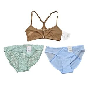 Auden Womens XS Bralette and Panty Set 3pc Mesh Lace Bikini Bronze Mint Blue